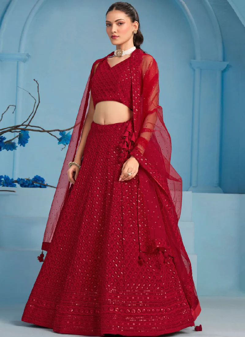 Fantastic Wedding Wear Red Georgette Thread Embroidery Lehenga Choli - Image 4