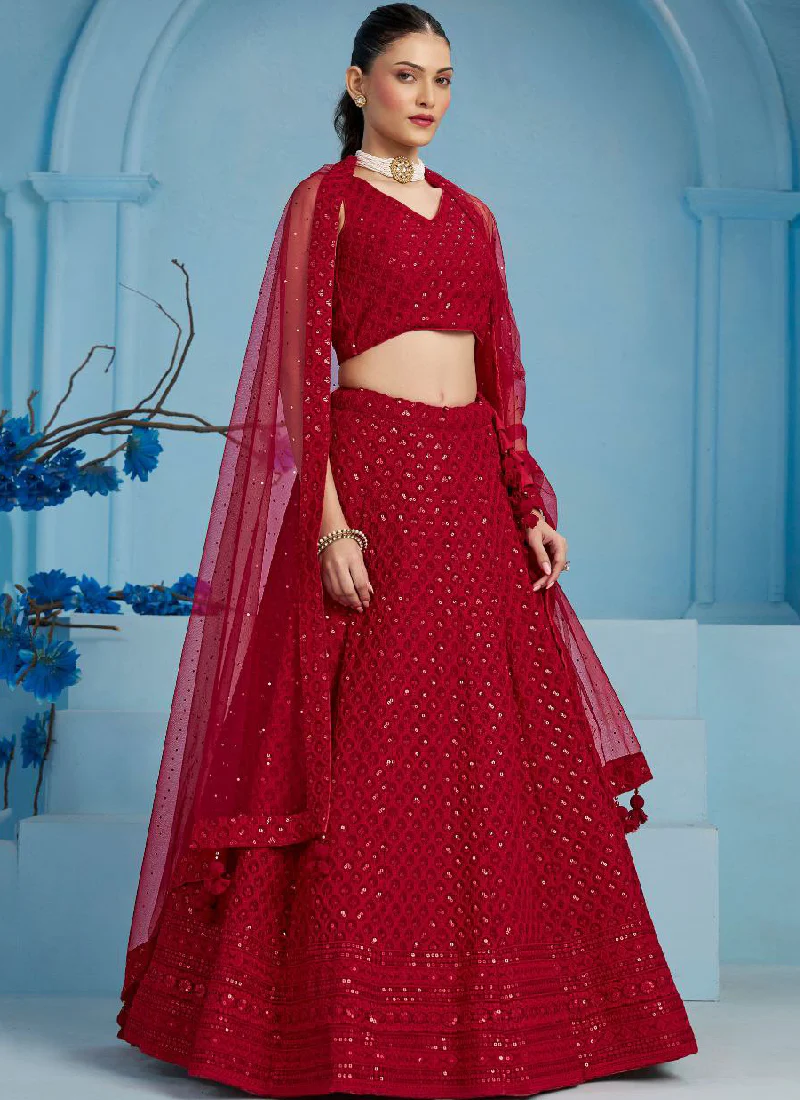 Fantastic Wedding Wear Red Georgette Thread Embroidery Lehenga Choli - Image 6