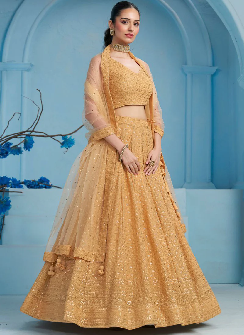 Eye-catching Sequence Work Georgette Beige Lehenga Choli For Women - Image 5