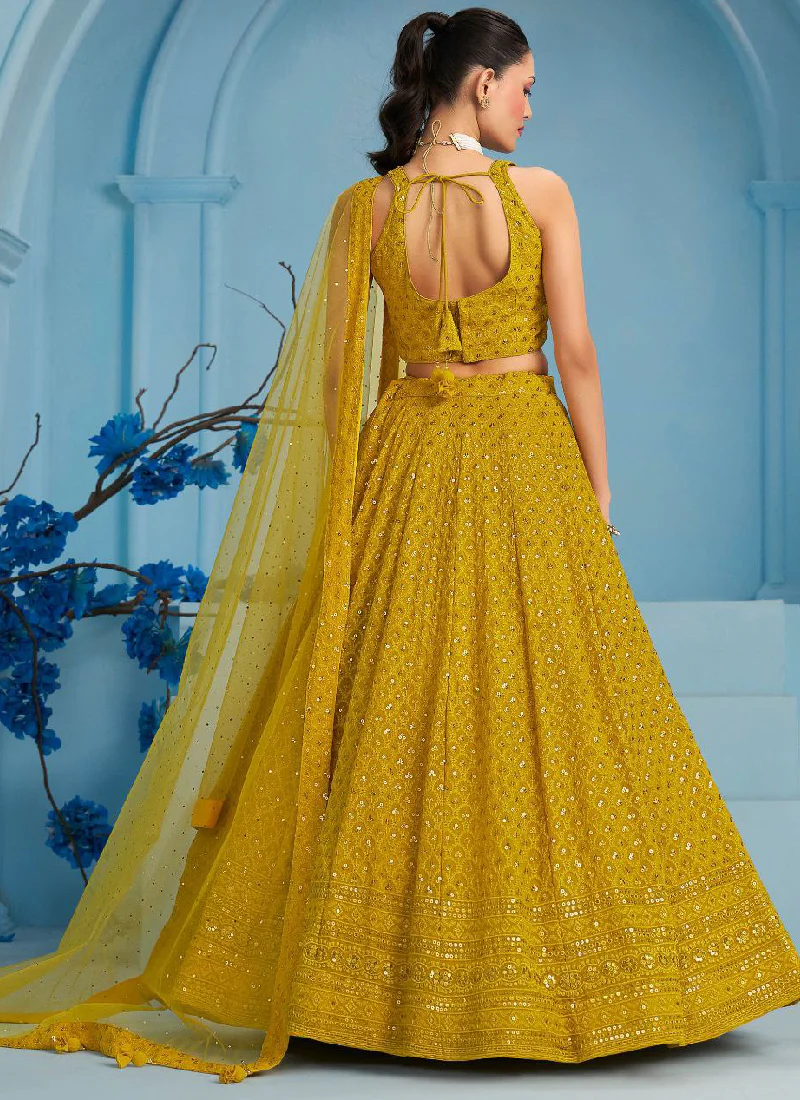Georgette Thread Embroidery Work Haldi Special Yellow Lehenga Choli - Image 6