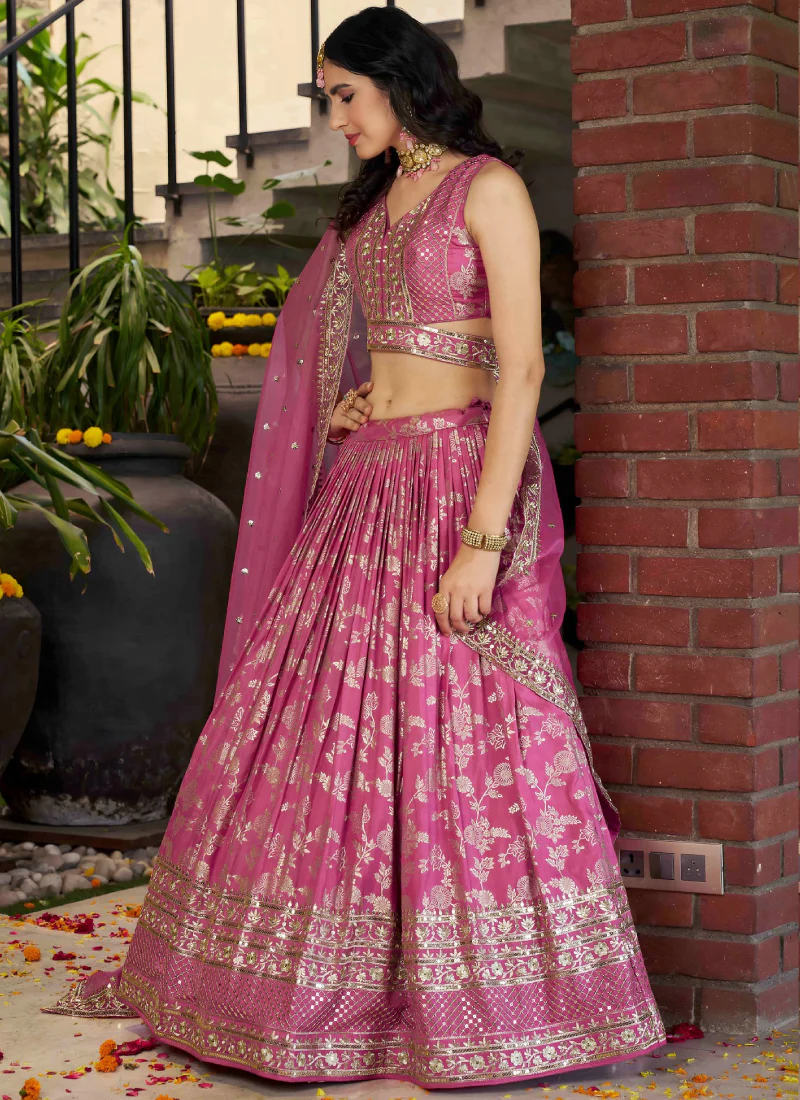 Aesthetically Sequence Weaving Embroidery Jacquard Pink Lehenga Choli - Image 3