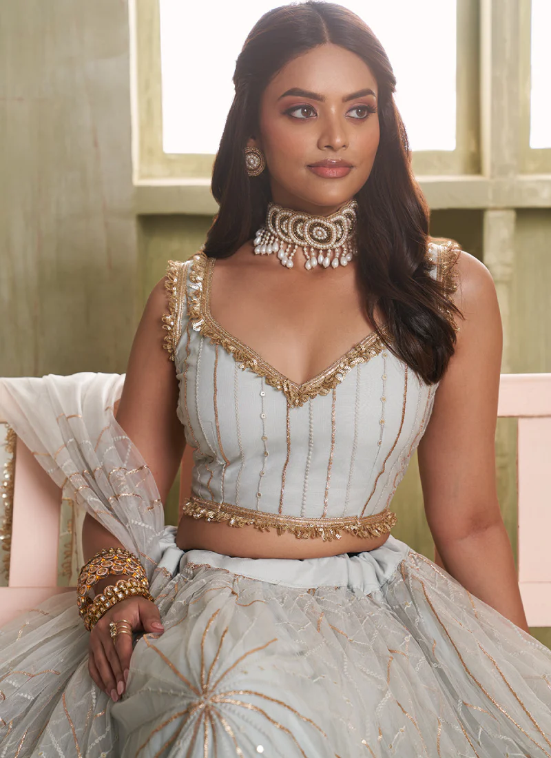Alluring White Net Embroidered Bridesmaids lehenga choli with dupatta - Image 4