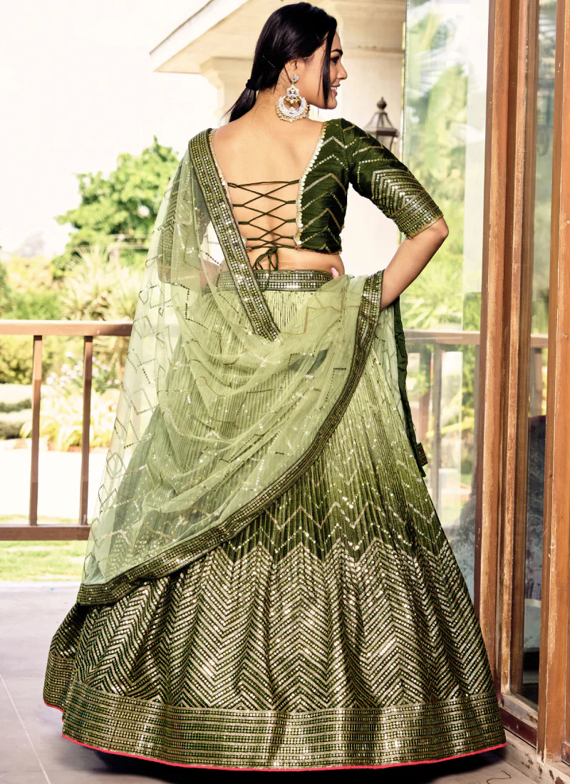Amazing Embroidered Work Chinon Silk Mehendi Green Lehenga Choli - Image 4