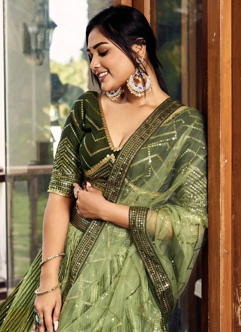 Amazing Embroidered Work Chinon Silk Mehendi Green Lehenga Choli - Image 6