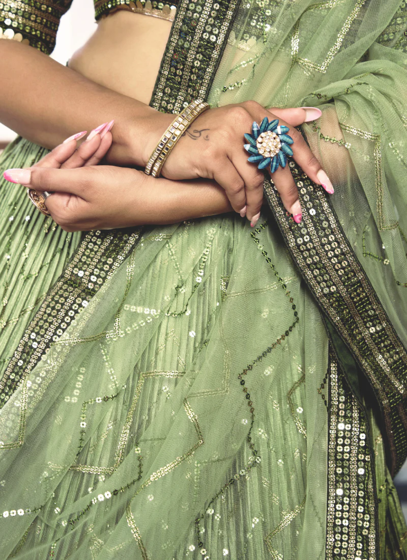 Amazing Embroidered Work Chinon Silk Mehendi Green Lehenga Choli - Image 8