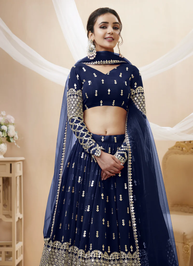 Amazing Navy Blue Georgette Zari Embroidered Lehenga Choli - Image 4