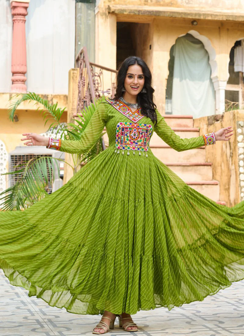 Amazing Parrot Green Georgette Gamthi Work Gown For Navratri Festival - Image 4