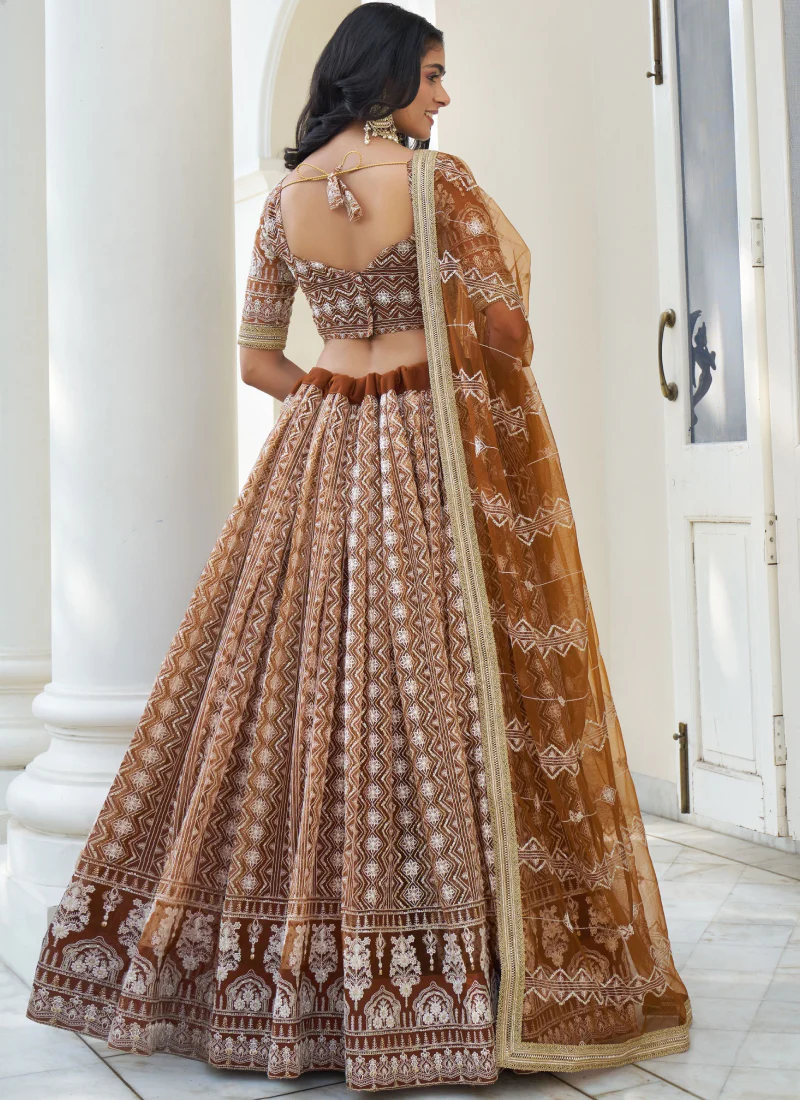 Amazing Sequence Work Net Brown Sangeet Function Lehenga Choli - Image 3