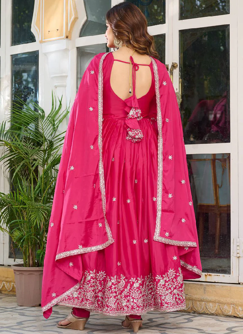 American Silk Pink Zari Embroidered Anarkali Suit Pant With Dupatta - Image 3