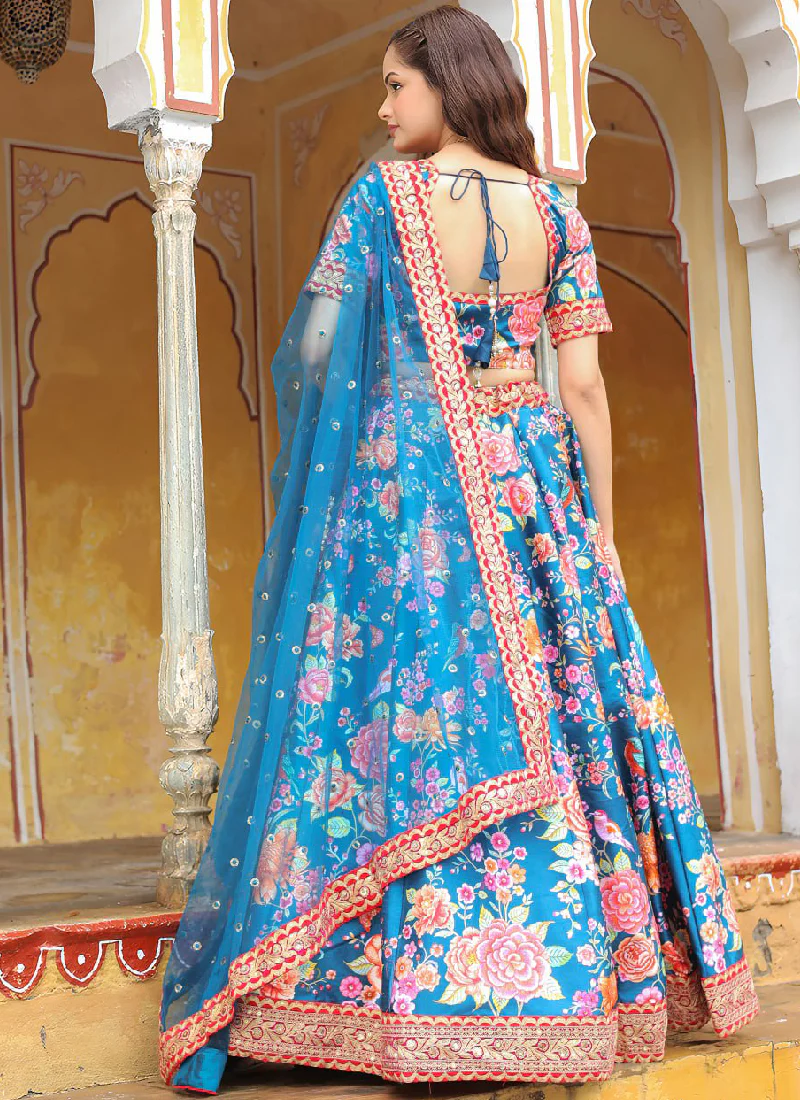 Art Silk Floral Printed Sequence Embroidered Work Blue Lehenga Choli - Image 6