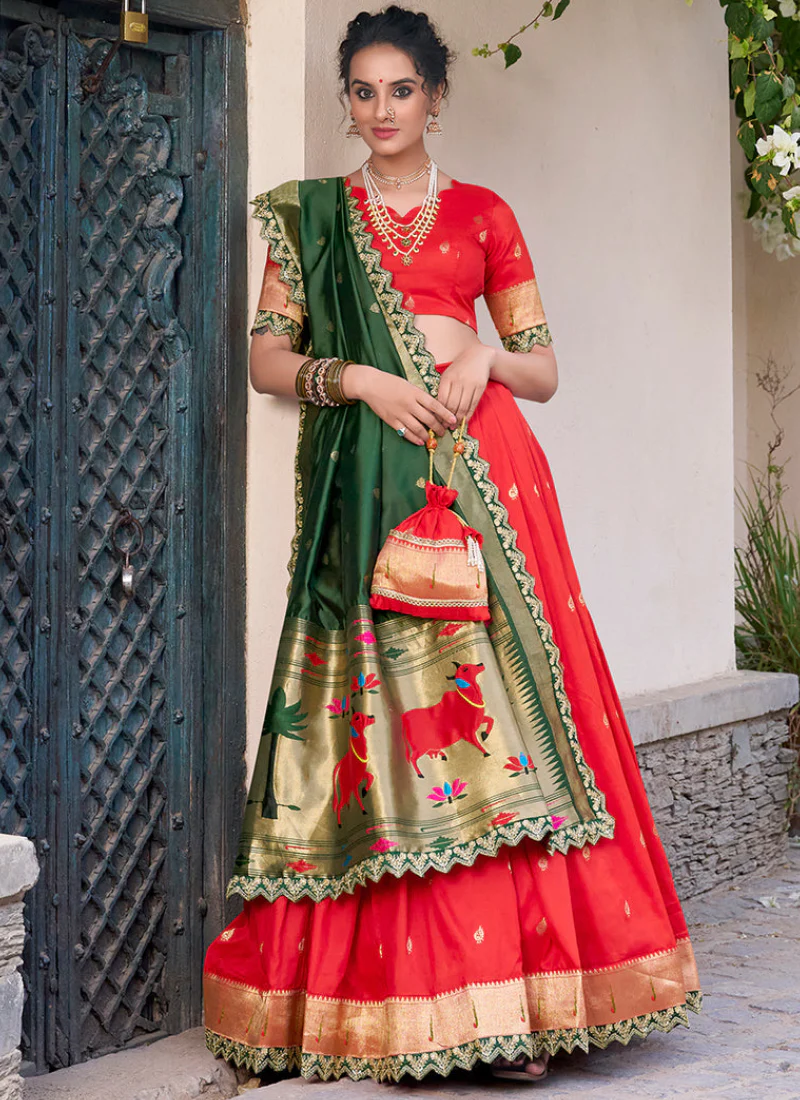 Astonishing Zari Weaving Work Jacquard Silk Red Paithani Lehenga Choli - Image 3