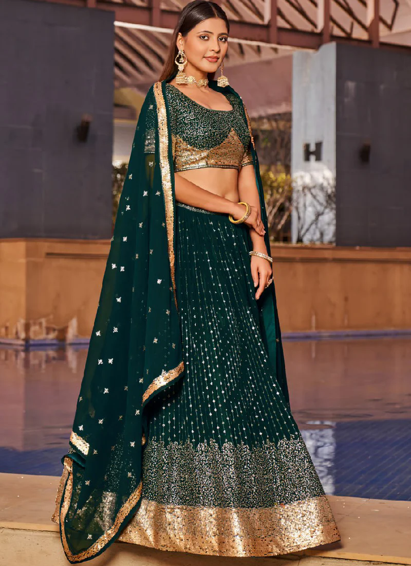 Attractive Embroidered Georgette Bottle Green Wedding Wear Lehenga - Image 3