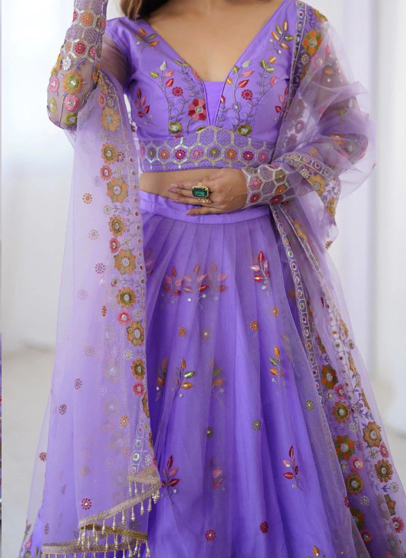 Attractive Net Floral Embroidery Lavender Lehenga Choli With Dupatta - Image 7