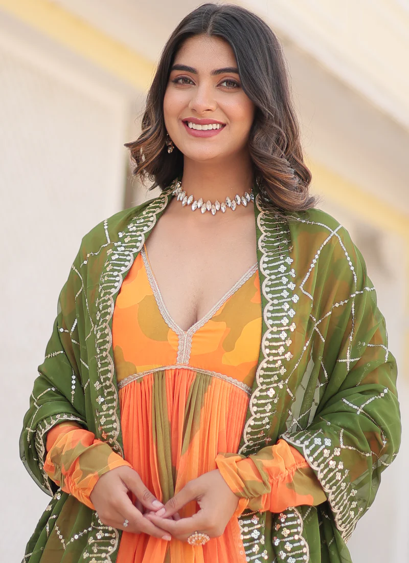 Attractive Orange Russian Silk Digital Floral Printed Anarkali Gown - Image 10