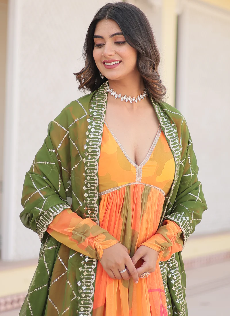 Attractive Orange Russian Silk Digital Floral Printed Anarkali Gown - Image 13