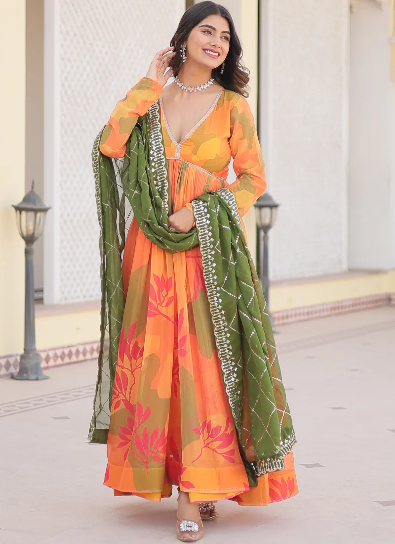 Attractive Orange Russian Silk Digital Floral Printed Anarkali Gown - Image 4