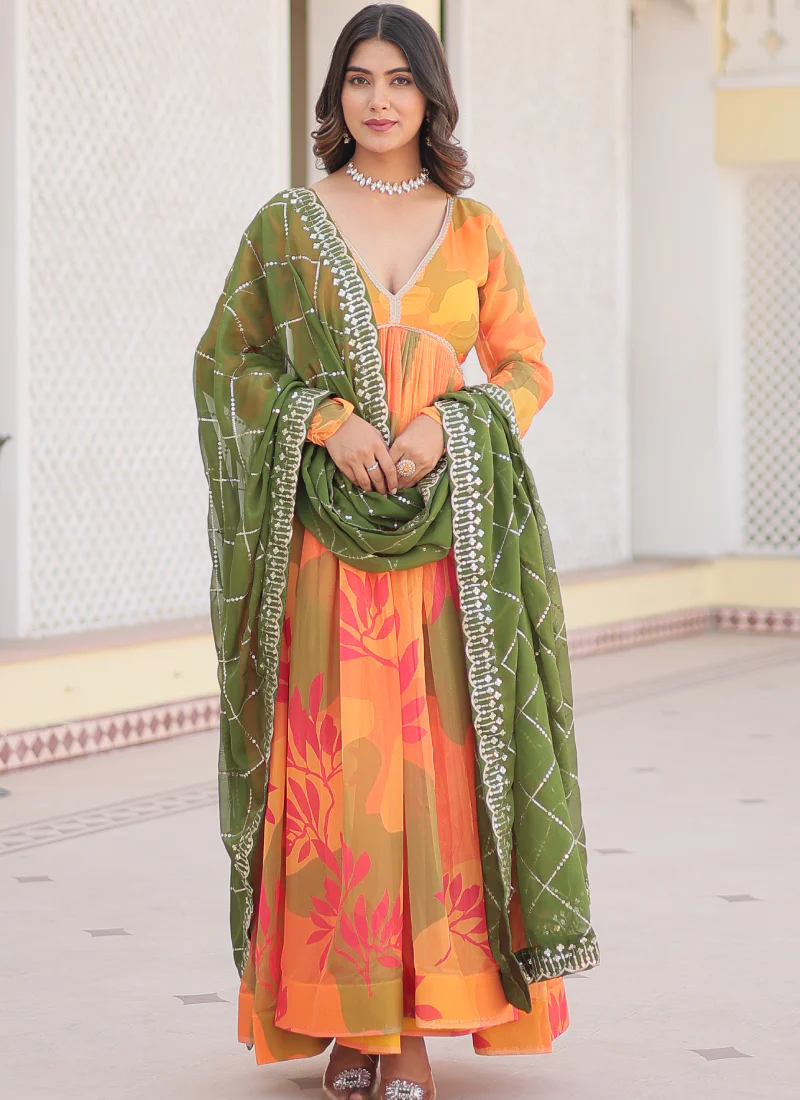 Attractive Orange Russian Silk Digital Floral Printed Anarkali Gown - Image 6