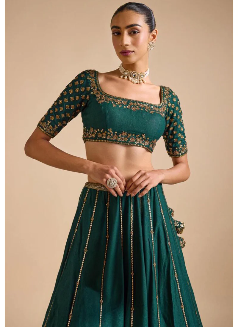 Attractive Sequence Embroidery Work Bottle Green Silk Lehenga Choli - Image 2