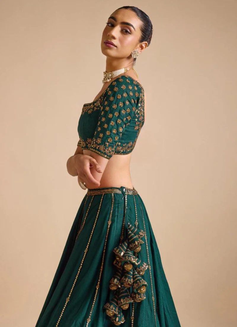 Attractive Sequence Embroidery Work Bottle Green Silk Lehenga Choli - Image 5