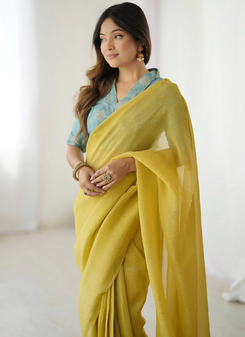 Banarasi Silk Blouse With Ready To Wear Silk Haldi Festive Yellow Sari - Image 2