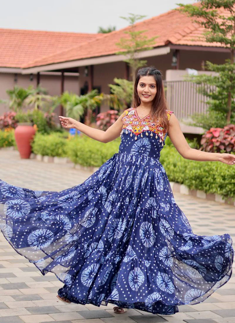 Bandhani Print Georgette Blue Ruffle Style Gamthi Work Gown For Garba - Image 10