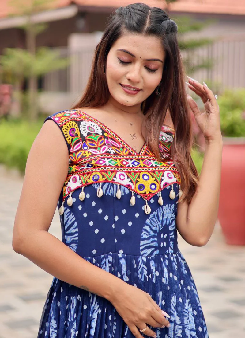 Bandhani Print Georgette Blue Ruffle Style Gamthi Work Gown For Garba - Image 3