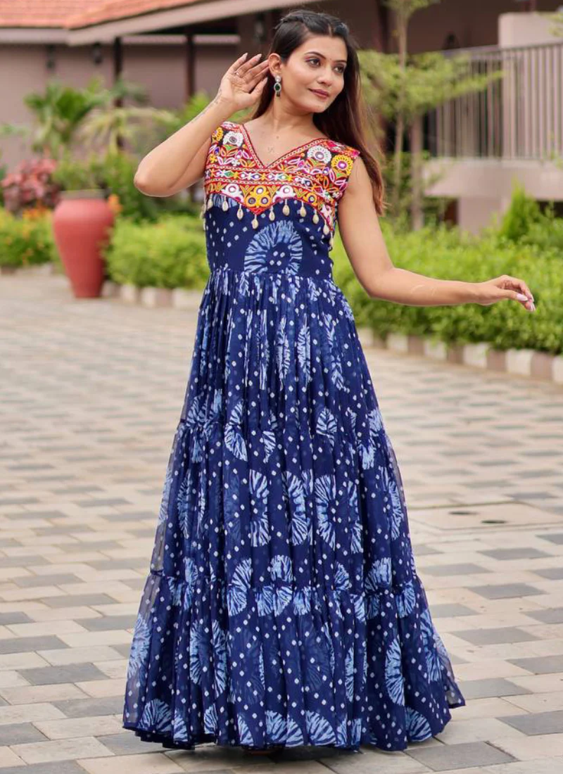 Bandhani Print Georgette Blue Ruffle Style Gamthi Work Gown For Garba - Image 5