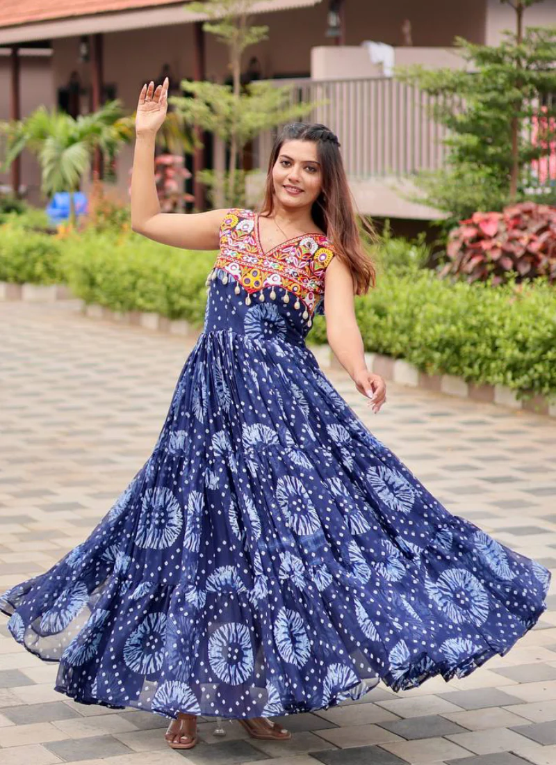 Bandhani Print Georgette Blue Ruffle Style Gamthi Work Gown For Garba - Image 7