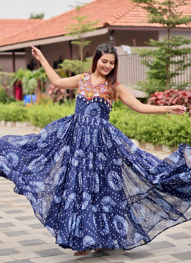 Bandhani Print Georgette Blue Ruffle Style Gamthi Work Gown For Garba - Image 9