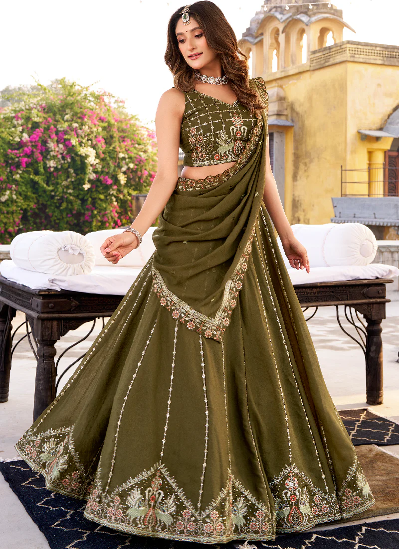 Beautiful Olive Green Sequins Embroidery Chocolate Crush Lehenga Choli - Image 3