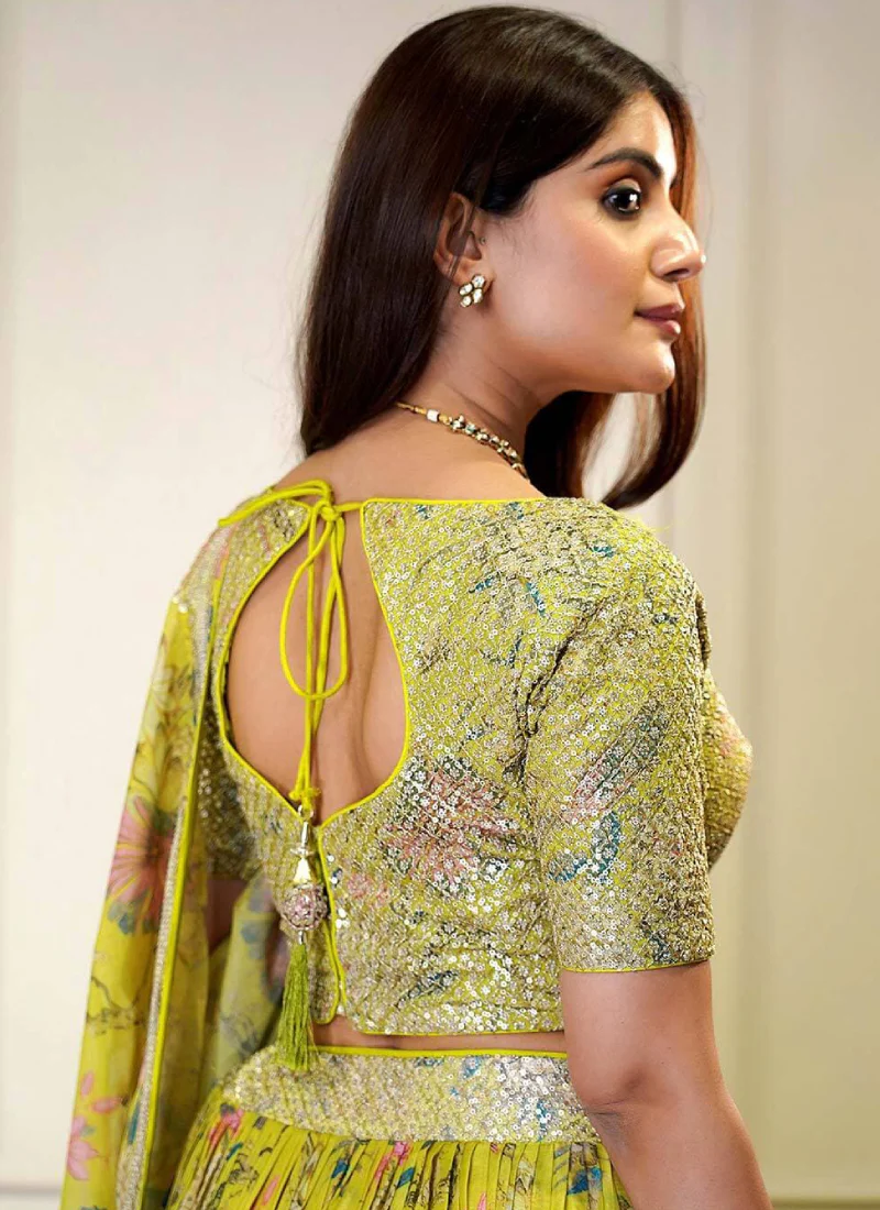 Beautiful Organza Digital Floral Printed Lime Yellow Lehenga Choli - Image 4