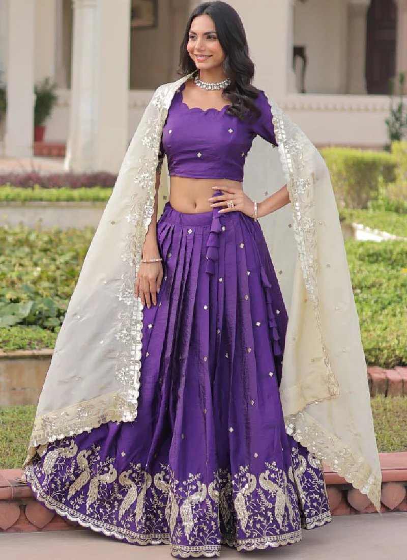 Beautiful Purple Gold Crush Zari Embroidery Wedding Wear Lehenga Choli - Image 5