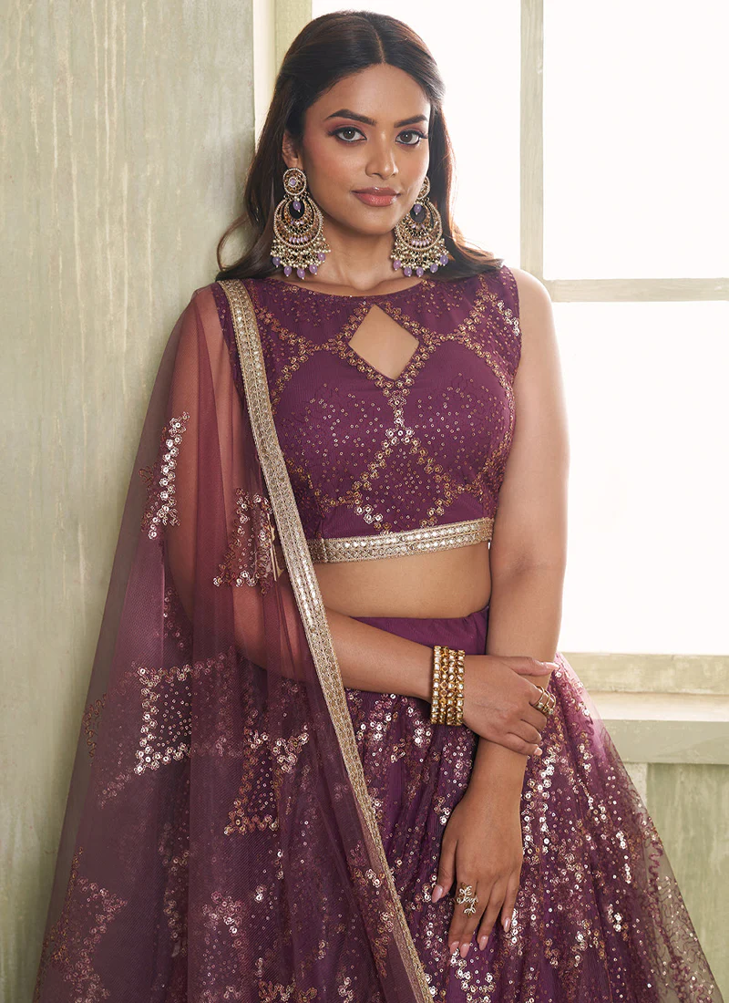 Beautiful Sequence Embroidered Wine Net Lehenga Choli For Wedding - Image 2