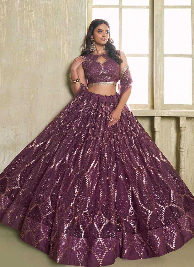 Beautiful Sequence Embroidered Wine Net Lehenga Choli For Wedding - Image 3