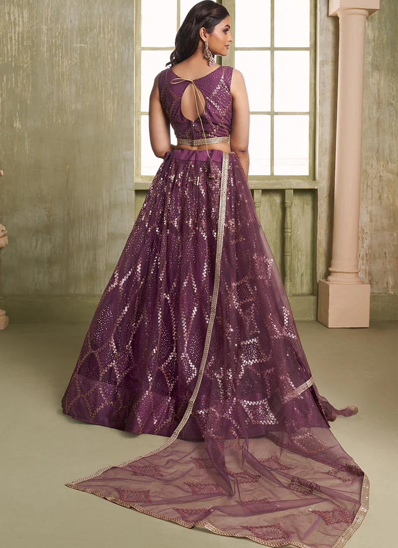 Beautiful Sequence Embroidered Wine Net Lehenga Choli For Wedding - Image 5