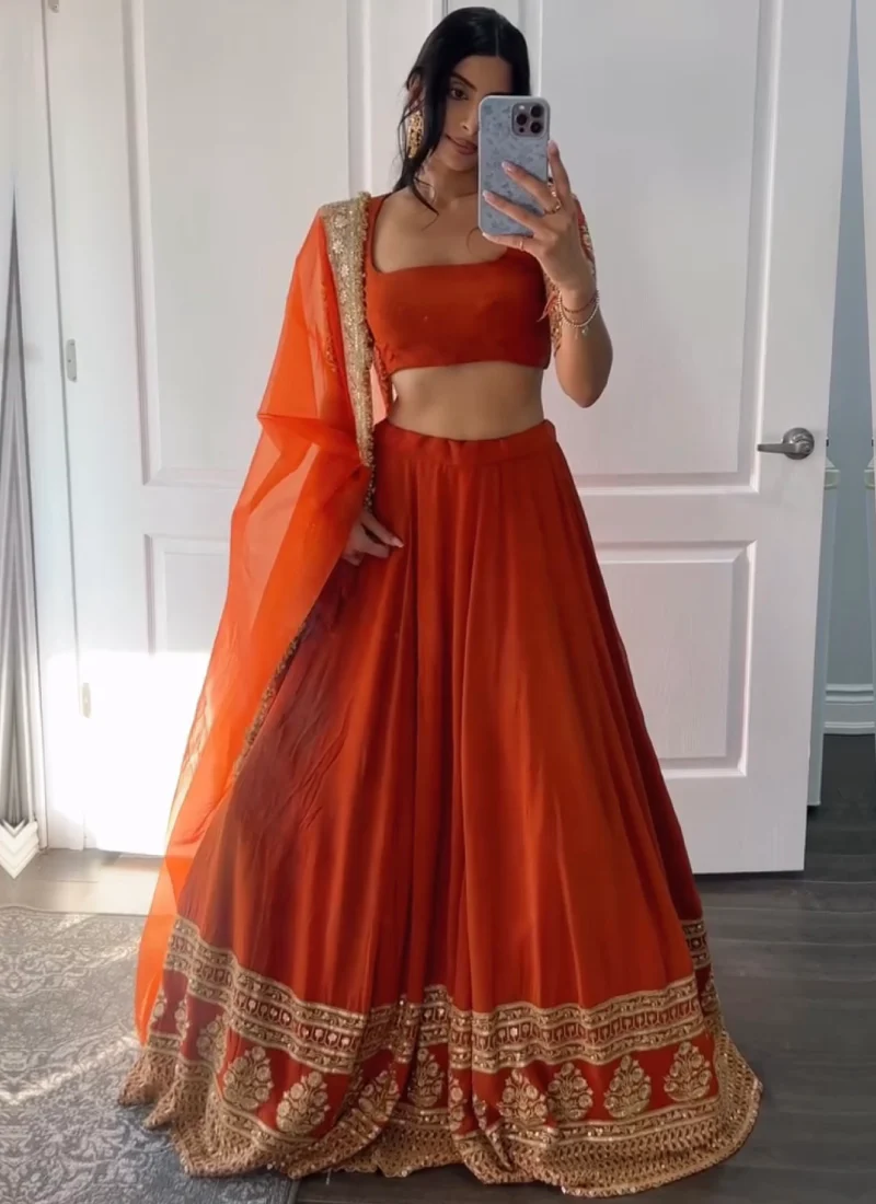 Beautiful Zari Embroidered Georgette Bridesmaids Orange Lehenga Choli