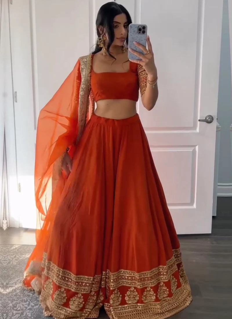 Beautiful Zari Embroidered Georgette Bridesmaids Orange Lehenga Choli - Image 3