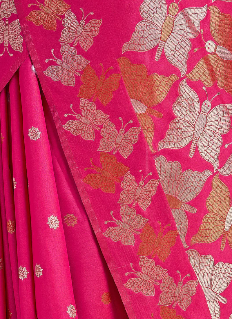 Beautiful Zari Weaving Banarasi Silk Rani Pink Bridesmaid Saree - Image 4
