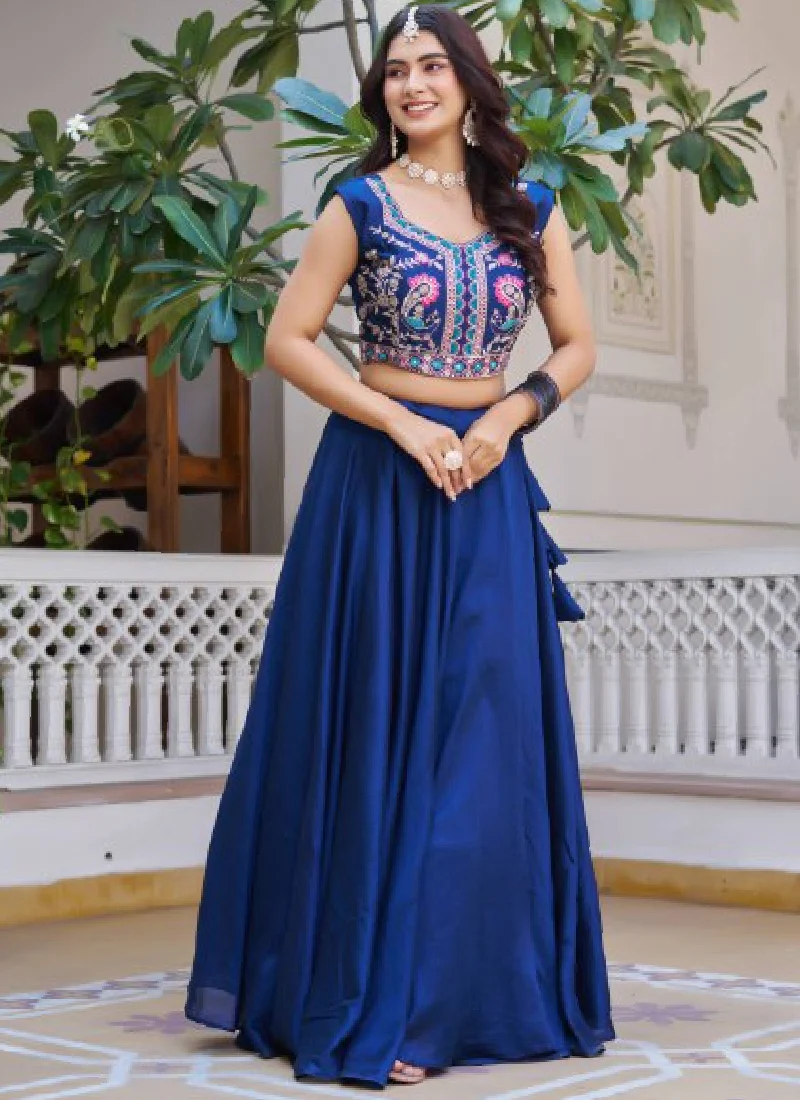 Blue Vichitra Silk Thread Embroidered Jacket Style Lehenga For Party - Image 7