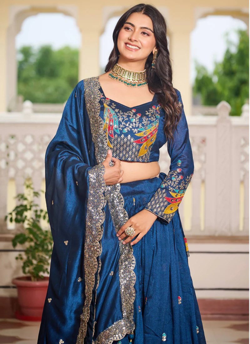 Blue Zari Embroidered Wedding Wear Vichitra Silk Lehenga Choli - Image 2