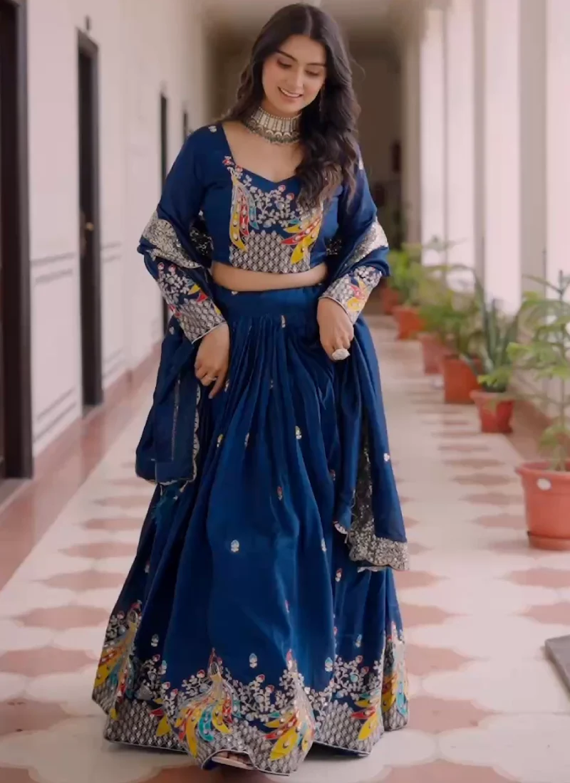 Blue Zari Embroidered Wedding Wear Vichitra Silk Lehenga Choli - Image 5