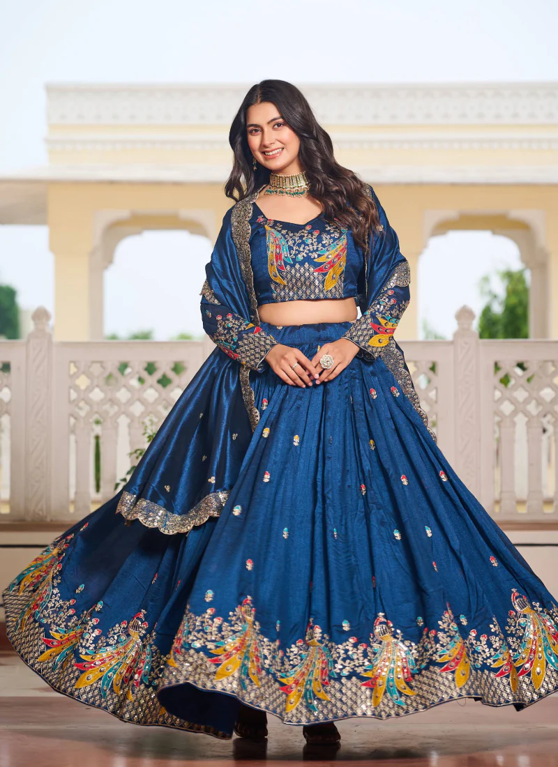 Blue Zari Embroidered Wedding Wear Vichitra Silk Lehenga Choli - Image 6