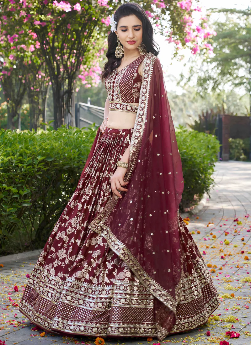 Bridesmaids Maroon Zari Weaving Sequence Embroidery Silk Lehenga Choli - Image 4