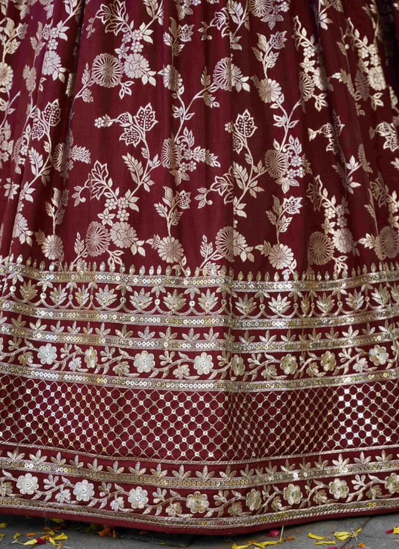 Bridesmaids Maroon Zari Weaving Sequence Embroidery Silk Lehenga Choli - Image 9