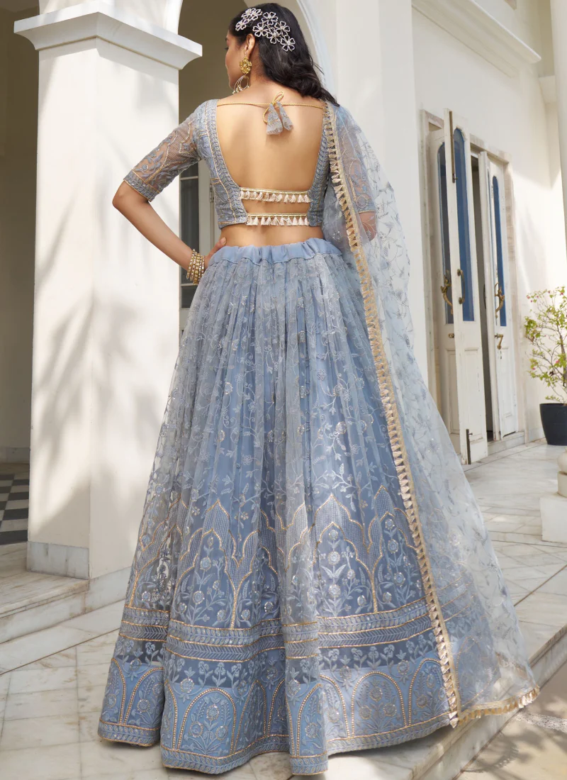 Butterfly Net Thread Embroidery Wedding Light Blue Lehenga Choli - Image 3