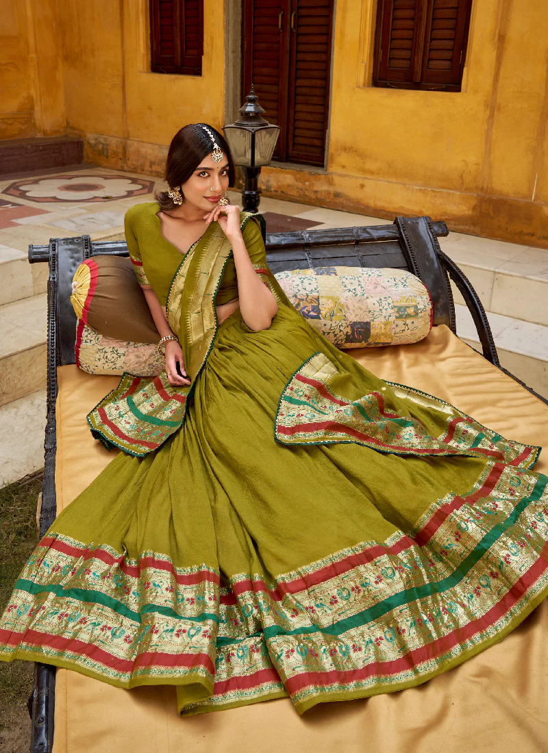 Chanderi Zari Weaving Work Mehendi Green South Indian Lehenga Choli - Image 5