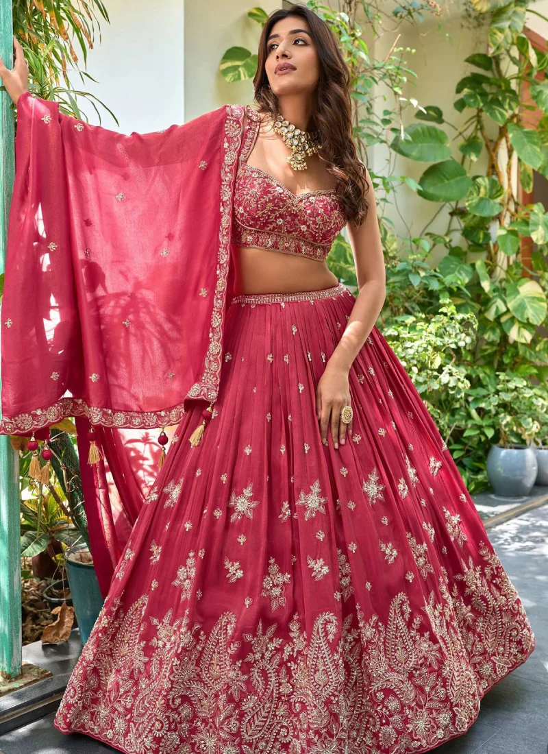 Charismatic Coding Embroidered Deep Pink Chinon Silk Lehenga Choli Set - Image 3