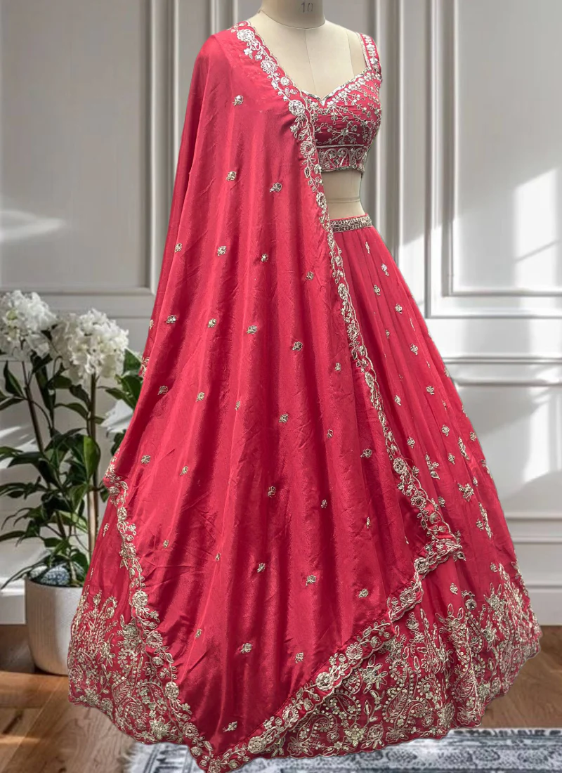 Charismatic Coding Embroidered Deep Pink Chinon Silk Lehenga Choli Set - Image 6