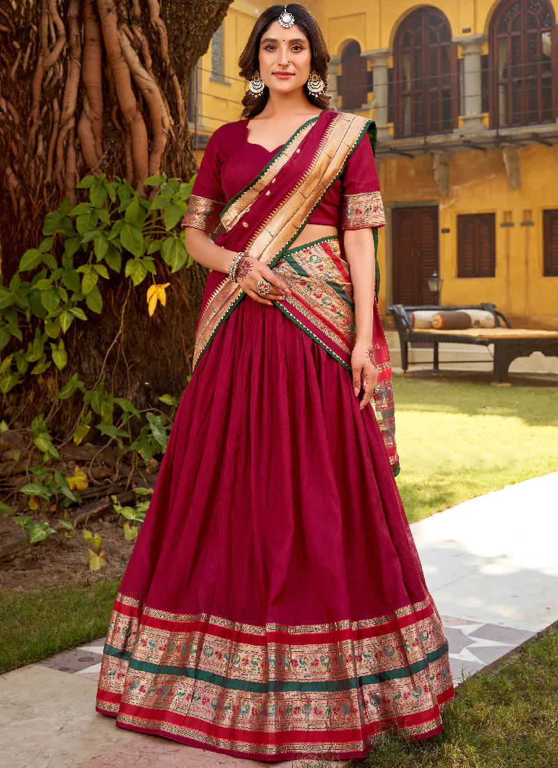 Charismatic Zari Weaving Pure Chanderi Maroon Half Saree Lehenga Choli - Image 3