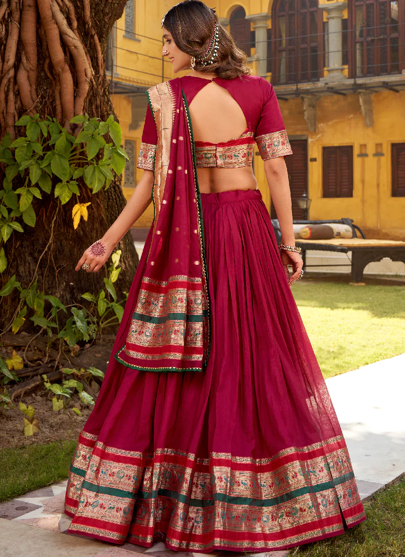 Charismatic Zari Weaving Pure Chanderi Maroon Half Saree Lehenga Choli - Image 5